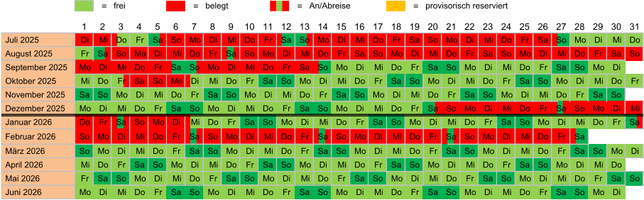 = frei = belegt = An/Abreise = provisorisch reserviert  Juli 2025 Di Mi Do Fr Sa So Mo Di Mi Do Fr Sa So Mo Di Mi Do Fr Sa So Mo Di Mi Do Fr Sa So Mo Di Mi Do  August 2025 Fr Sa So Mo Di Mi Do Fr Sa So Mo Di Mi Do Fr Sa So Mo Di Mi Do Fr Sa So Mo Di Mi Do Fr Sa So  September 2025 Mo Di Mi Do Fr Sa So Mo Di Mi Do Fr Sa So Mo Di Mi Do Fr Sa So Mo Di Mi Do Fr Sa So Mo Di  Oktober 2025 Mi Do Fr Sa So Mo Di Mi Do Fr Sa So Mo Di Mi Do Fr Sa So Mo Di Mi Do Fr Sa So Mo Di Mi Do Fr  November 2025 Sa So Mo Di Mi Do Fr Sa So Mo Di Mi Do Fr Sa So Mo Di Mi Do Fr Sa So Mo Di Mi Do Fr Sa So  Dezember 2025 Mo Di Mi Do Fr Sa So Mo Di Mi Do Fr Sa So Mo Di Mi Do Fr Sa So Mo Di Mi Do Fr Sa So Mo Di Mi  Januar 2026 Do Fr Sa So Mo Di Mi Do Fr Sa So Mo Di Mi Do Fr Sa So Mo Di Mi Do Fr Sa So Mo Di Mi Do Fr Sa  Februar 2026 So Mo Di Mi Do Fr Sa So Mo Di Mi Do Fr Sa So Mo Di Mi Do Fr Sa So Mo Di Mi Do Fr Sa  März 2026 So Mo Di Mi Do Fr Sa So Mo Di Mi Do Fr Sa So Mo Di Mi Do Fr Sa So Mo Di Mi Do Fr Sa So Mo Di  April 2026 Mi Do Fr Sa So Mo Di Mi Do Fr Sa So Mo Di Mi Do Fr Sa So Mo Di Mi Do Fr Sa So Mo Di Mi Do  Mai 2026 Fr Sa So Mo Di Mi Do Fr Sa So Mo Di Mi Do Fr Sa So Mo Di Mi Do Fr Sa So Mo Di Mi Do Fr Sa So  Juni 2026 Mo Di Mi Do Fr Sa So Mo Di Mi Do Fr Sa So Mo Di Mi Do Fr Sa So Mo Di Mi Do Fr Sa So Mo Di 31 25 26 27 28 29 30 24 13 14 15 16 17 18 19 20 21 22 23 12 1 2 3 4 5 6 7 8 9 10 11