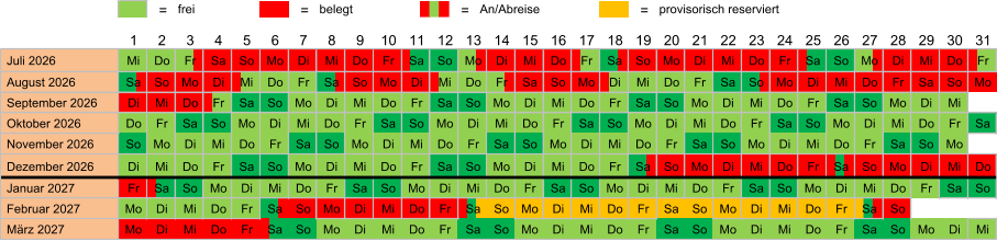= frei = belegt = An/Abreise = provisorisch reserviert  Juli 2026 Mi Do Fr Sa So Mo Di Mi Do Fr Sa So Mo Di Mi Do Fr Sa So Mo Di Mi Do Fr Sa So Mo Di Mi Do Fr  August 2026 Sa So Mo Di Mi Do Fr Sa So Mo Di Mi Do Fr Sa So Mo Di Mi Do Fr Sa So Mo Di Mi Do Fr Sa So Mo  September 2026 Di Mi Do Fr Sa So Mo Di Mi Do Fr Sa So Mo Di Mi Do Fr Sa So Mo Di Mi Do Fr Sa So Mo Di Mi  Oktober 2026 Do Fr Sa So Mo Di Mi Do Fr Sa So Mo Di Mi Do Fr Sa So Mo Di Mi Do Fr Sa So Mo Di Mi Do Fr Sa  November 2026 So Mo Di Mi Do Fr Sa So Mo Di Mi Do Fr Sa So Mo Di Mi Do Fr Sa So Mo Di Mi Do Fr Sa So Mo  Dezember 2026 Di Mi Do Fr Sa So Mo Di Mi Do Fr Sa So Mo Di Mi Do Fr Sa So Mo Di Mi Do Fr Sa So Mo Di Mi Do  Januar 2027 Fr Sa So Mo Di Mi Do Fr Sa So Mo Di Mi Do Fr Sa So Mo Di Mi Do Fr Sa So Mo Di Mi Do Fr Sa So  Februar 2027 Mo Di Mi Do Fr Sa So Mo Di Mi Do Fr Sa So Mo Di Mi Do Fr Sa So Mo Di Mi Do Fr Sa So  März 2027 Mo Di Mi Do Fr Sa So Mo Di Mi Do Fr Sa So Mo Di Mi Do Fr Sa So Mo Di Mi Do Fr Sa So Mo Di Mi 12 1 2 3 4 5 6 7 8 9 10 11 24 13 14 15 16 17 18 19 20 21 22 23 31 25 26 27 28 29 30